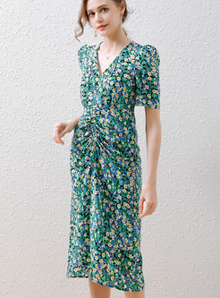 V-Neck Puff Sleeve Floral Print Slim Dress