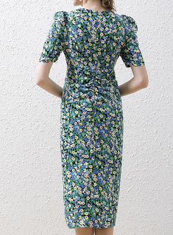 V-Neck Puff Sleeve Floral Print Slim Dress