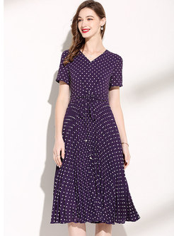 Summer V-Neck Short Sleeve Dot Print Purple Dress