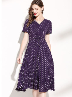 Summer V-Neck Short Sleeve Dot Print Purple Dress