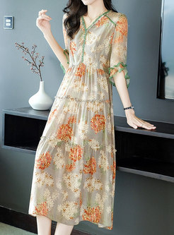 Summer Short Sleeve Floral Print Silk Casual Dress