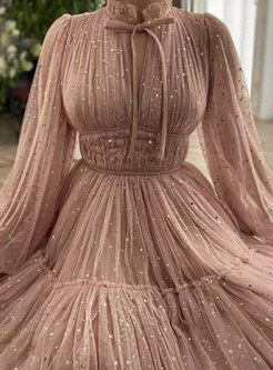 Mesh Sequin Flare Sleeve Bubble Dresses