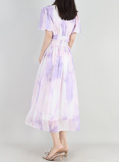 Puff Sleeve Single-Breasted Tie-Dye Maxi Dresses