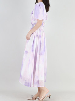 Puff Sleeve Single-Breasted Tie-Dye Maxi Dresses