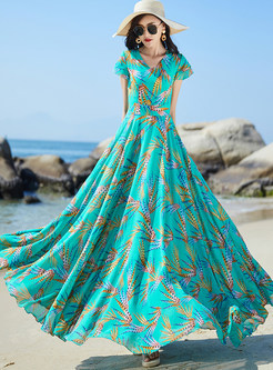 V-Neck Print Big Hem Oversize Beach Dresses