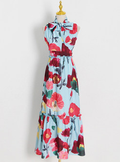 Resort Floral Print Bow Tie Neck Sleeveless Maxi Dresses