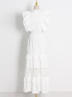 Boho Openwork Embroidered Ruffle Cap Sleeve Maxi Dresses
