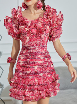 Crew Neck Ruffle Floral Print Mini Bodycon Dresses