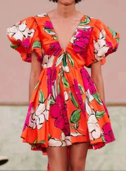Deep V-Neck Puff Sleeve Floral Print Mini Dresses