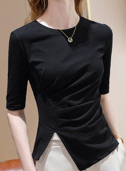 Women Solid Ruched Split Tees Tops