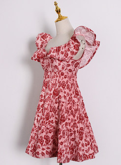 Cute Deep V-Neck Ruffle Floral Print Mini Dresses