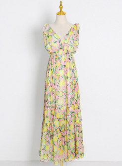Elegant Deep V-Neck Chiffon Floral Print Flutter Long Dresses