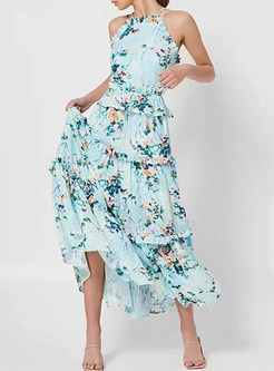 Beach Sleeveless Halter Neck Floral Print Pleated Layer Frill Dress
