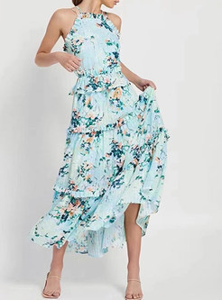 Beach Sleeveless Halter Neck Floral Print Pleated Layer Frill Dress