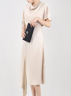 Summer Short Sleeve Satin Asymmetrical Midi Dresses