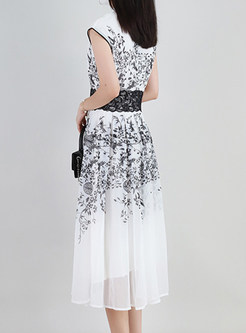 Elegant Chiffon Print Cheongsam Midi Dresses