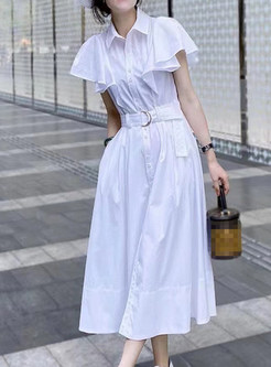 Shirt Collar Single-Breasted White Midi Dresses