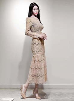 Ruffled openwork lace long peplum dresses