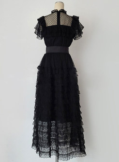 Summer Crew Neck Black Lace Long Layered Dresses