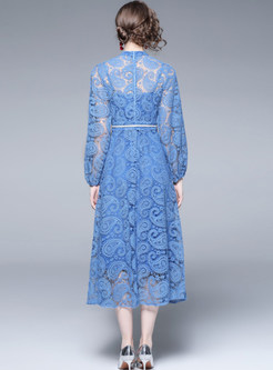 V-Neck Long Sleeve Embroidered Midi Dresses