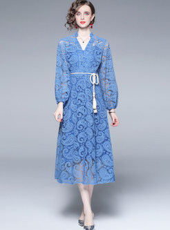 V-Neck Long Sleeve Embroidered Midi Dresses