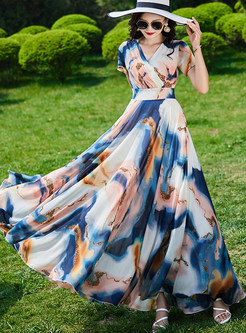 Summer Chiffon Print Big Hem Long Dresses