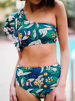 One Sleeve Print Two Piece Swimsuit