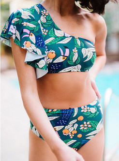 One Sleeve Print Two Piece Swimsuit