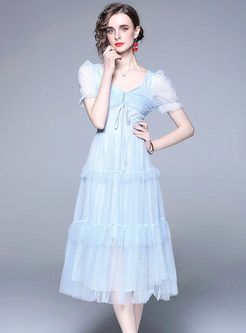 Mesh Puff Sleeve Draw Front Party Dresses