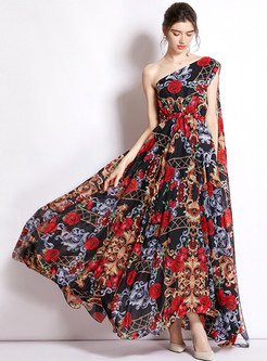 Bohemian One Shoulder Backless Floral Print Long Dresses