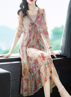Floral Print Silk Casual Midi Dress