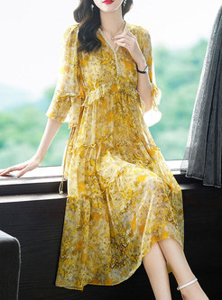 Summer Floral Silk Yellow Ddress