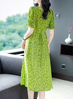 Summer Short Sleeve Silk Green Dress