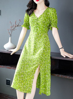 Summer Short Sleeve Silk Green Dress