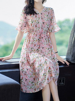 Summer Short Sleeve Floral Silk Dress