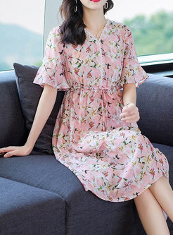 Summer Short Sleeve Floral Silk Dress