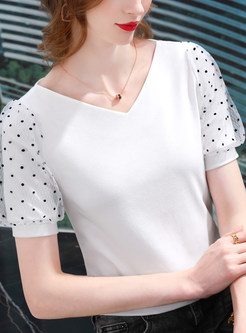 Women V-Neck Puff Sleeve Lace Patch Tees