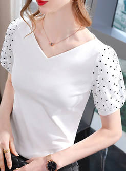 Women V-Neck Puff Sleeve Lace Patch Tees