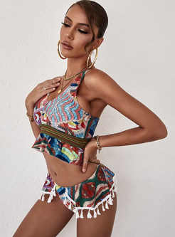 Women's Ethnic Print Fringe Bikini Set