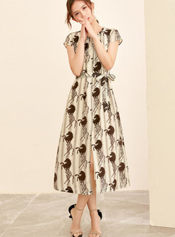 Short Sleeve Silk Print Dress