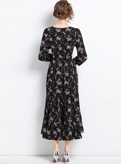 Vintage V-Neck Long Sleeve Print Long Dresses