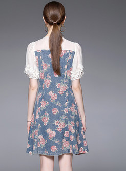 Short Sleeve Floral Print Denim Dresses