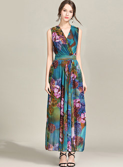 Summer V-Neck Chiffon Floral Print Wrap Waist Long Beach Dresses