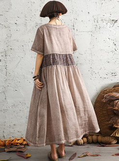 Retro Linen Patchwork Short Sleeve Plus Size Dresses