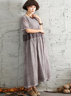 Retro Linen Patchwork Short Sleeve Plus Size Dresses