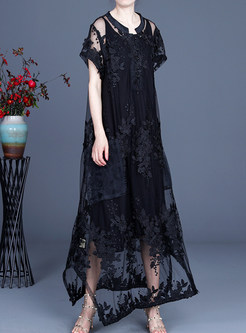 Elegant Mesh Embroidered Plus Size Camisole Maxi Dress