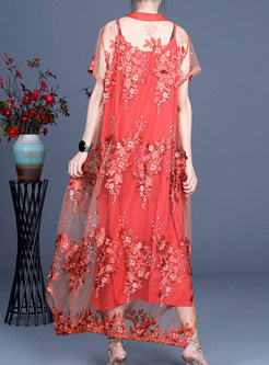Elegant Mesh Embroidered Plus Size Camisole Maxi Dress