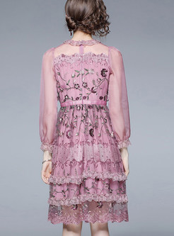 Long Sleeve Sweet Lace Floral Print Skater Dresses