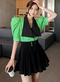 Fashion Puff Sleeve Notched Collar Tops & Little Black Mini Skirts