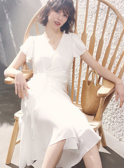 V-Neck Short Sleeve Wrap Waist Casual White Dress